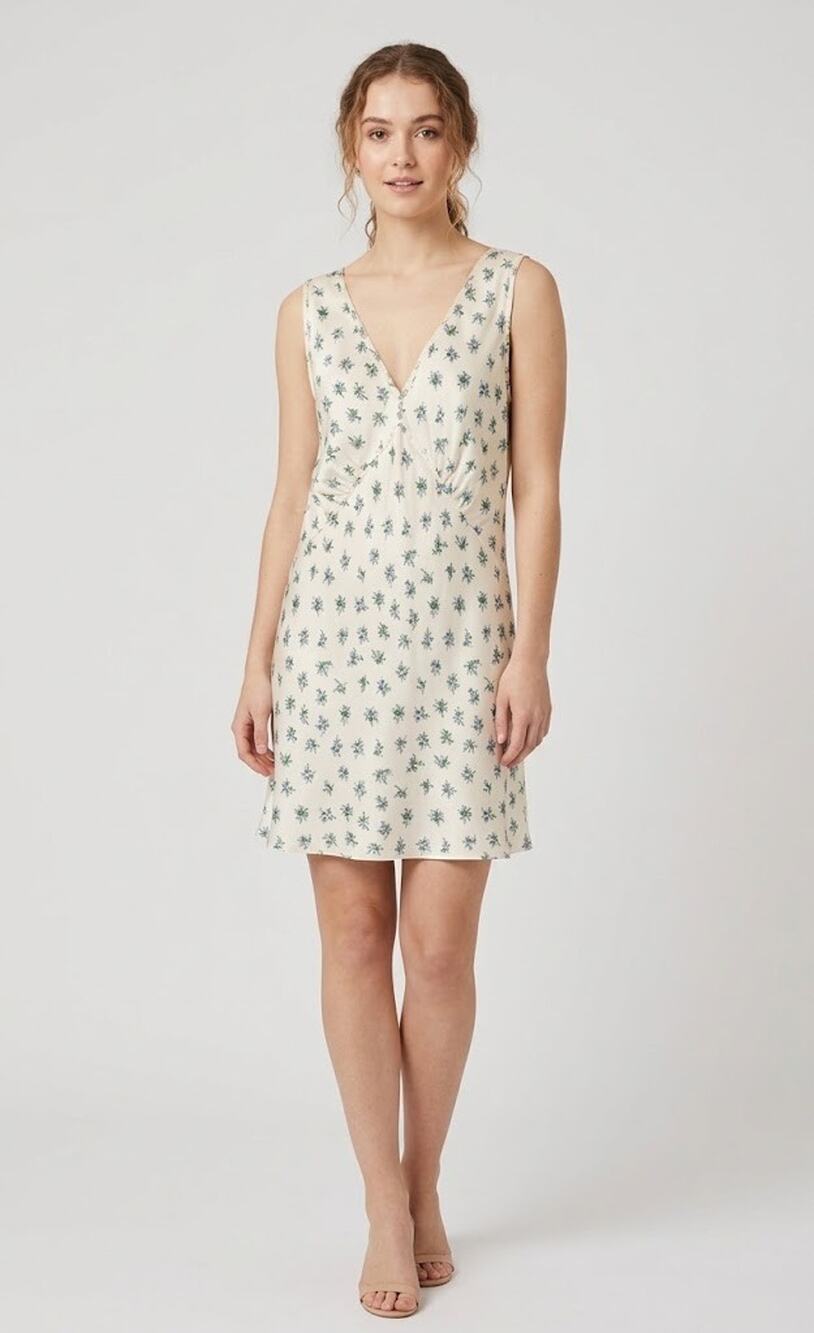 Ghost London Summer Satin Bias-Cut Floral Mini Slip Dress XL Cream Bouquet